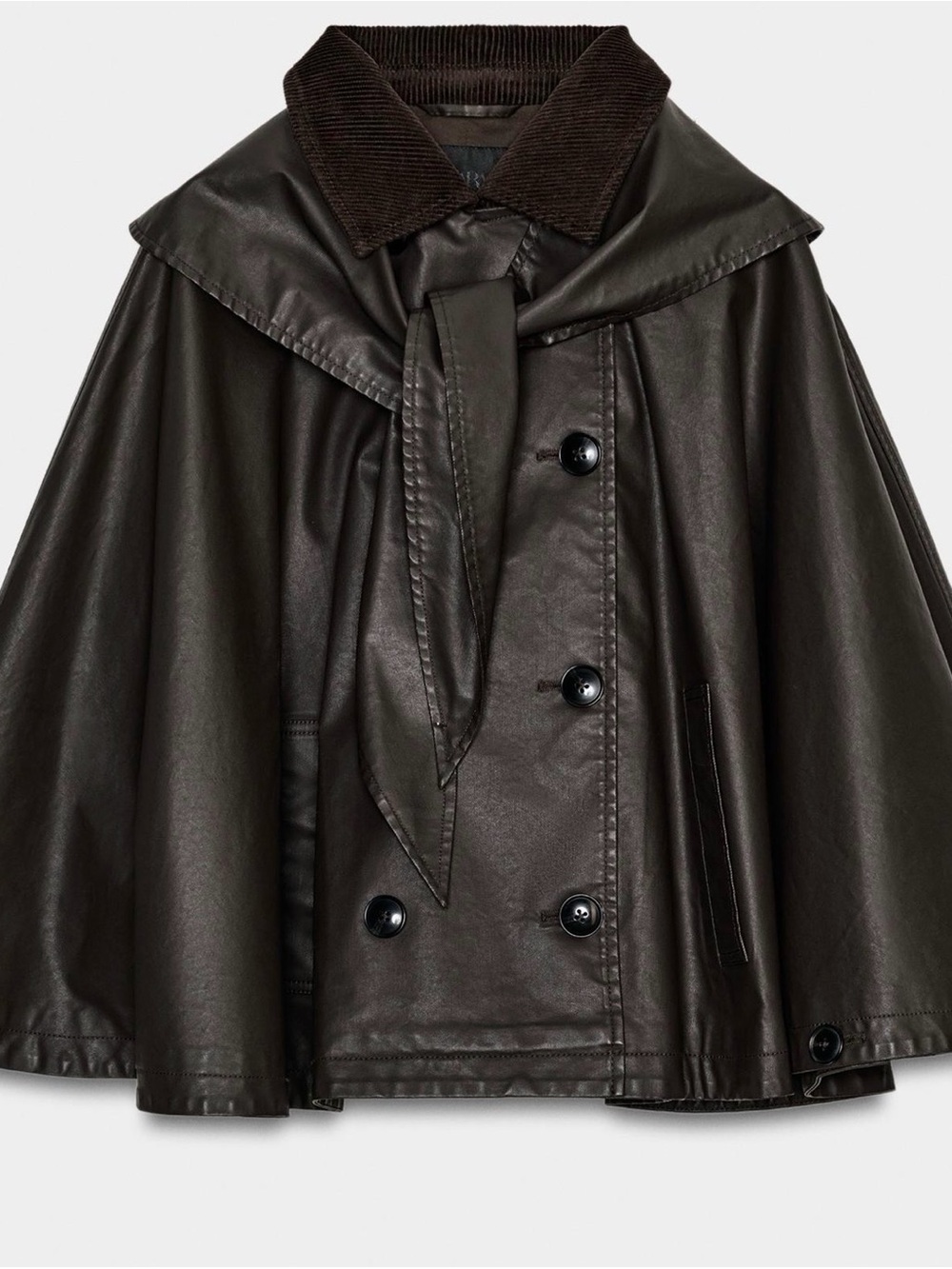 ZARA Dark Brown detachable lapel Waxed Cape Jacket with Tie Collar XS-S